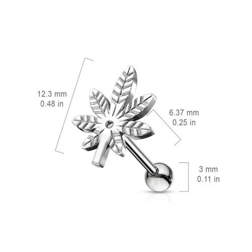 Pot Leaf Top 316L Surgical Steel Cartilage, Tragus Barbell S