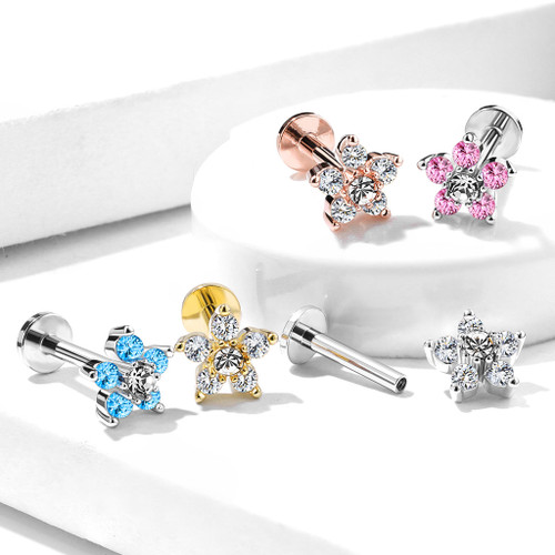 Double Tiered 6 CZ Flower Top Internally Threaded 316L Surgical Steel Labret, Monroe, Ear Cartilage Studs