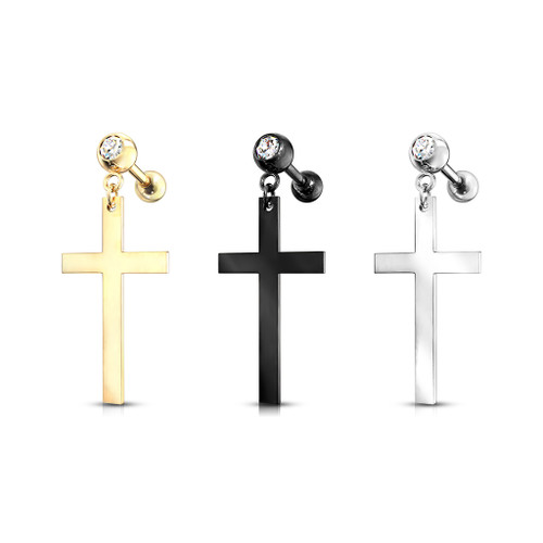 Cross Dangle Crystal Set 316L Cartilage, Tragus Barbell Stud