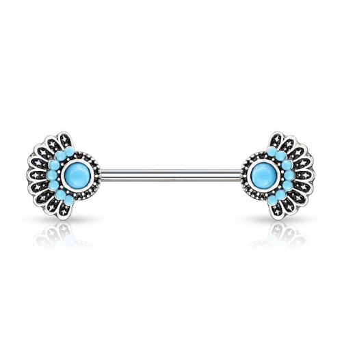 Turquoise Set Tribal Fan 316L Surgical Steel Nipple Barbells