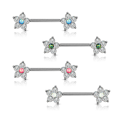 Z Flower with Opal Glitter Center 316L Surgical Steel Nipple Barbell Rings