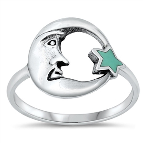 Silver Stone Ring - Moon & Star