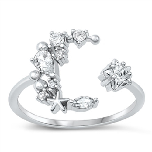 Silver CZ Ring - Moon & Star