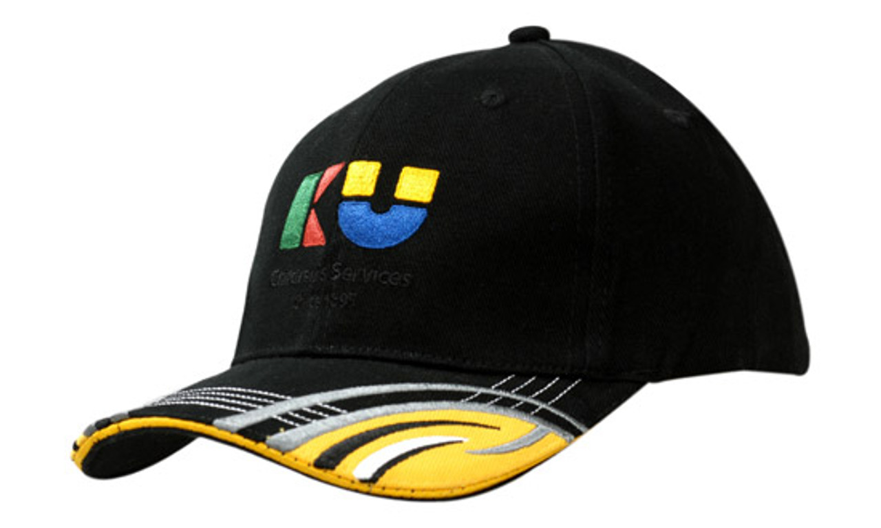 Brushed Heavy Cotton with Sandwich Trim and Fabric Inserts & Embroidery Design on Peak