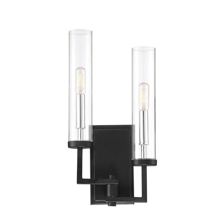 Savoy House Folsom 9-2134-2-67 8 Inch 2 Light Matte Black with Polished Chrome Accents Sconce Damp Rated