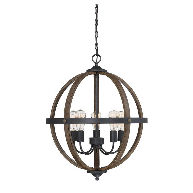 Meridian 5-Light Pendant M70041WB 22 Inch 5 Light Wood with Black Pendant Dry Rated