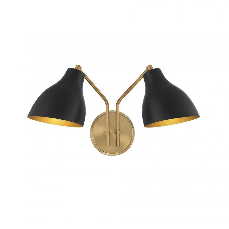 Meridian 2-Light Wall Sconce M90075MBKNB 17 Inch 2 Light Matte Black with Natural Brass Sconce Damp Rated