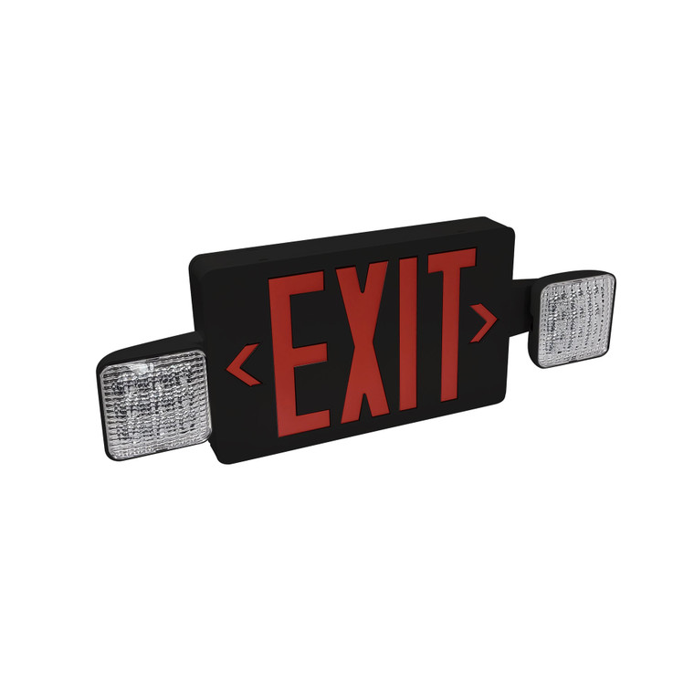 Nora NEX-712-LED/RB LED Exit and Emergency Combination with Adjustable Heads, Battery Backup, Red Letters / Black Housing