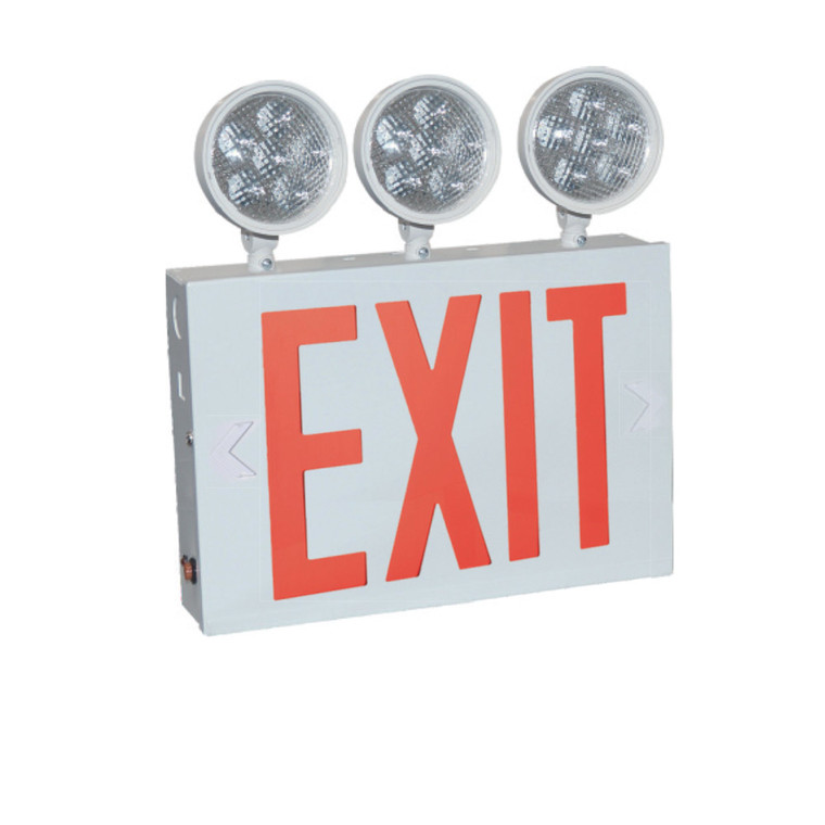 Nora NEX-751-LED/R3 NYC Approved Steel LED Exit with Three 9W Adjustable Heads, Battery Backup, White Housing w/ Red Letters