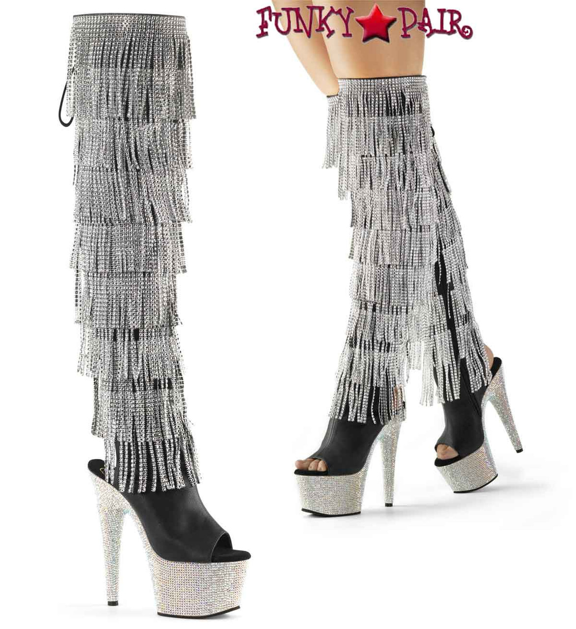 Bejeweled-3019RSF-7, 7 Inch Fringe Rhinestones Thigh High Boots