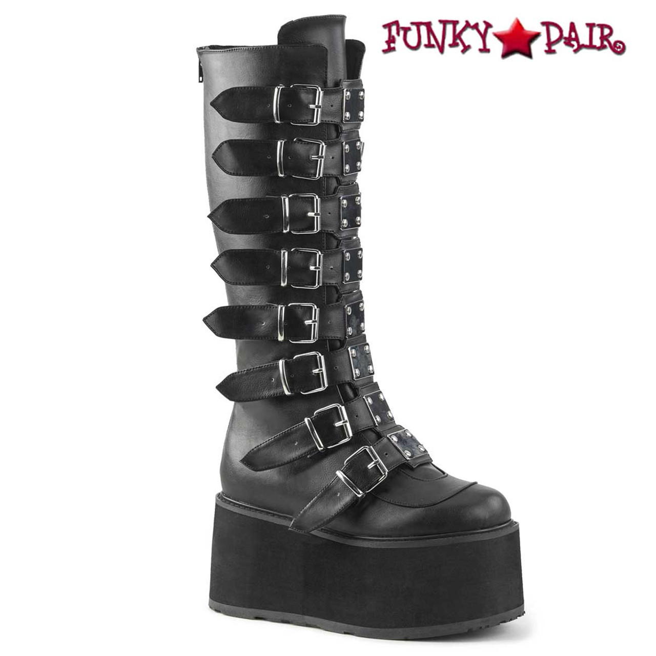 Demonia | Damned-318 Buckle Straps Knee High Boots w/Chrome Plated