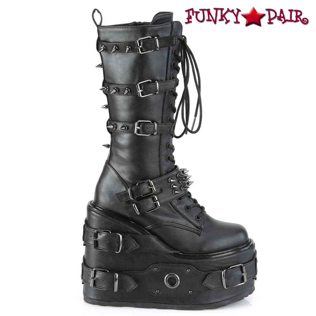 Demonia | SWING-327 Women's Punk Platform Wedge Knee High Boots with Spike  Buckles