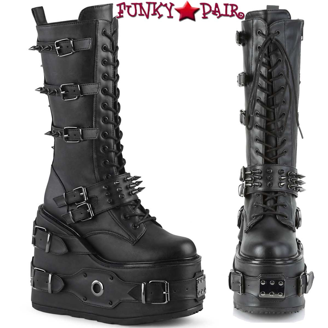 Demonia | SWING-327 Women's Punk Platform Wedge Knee High Boots with Spike  Buckles