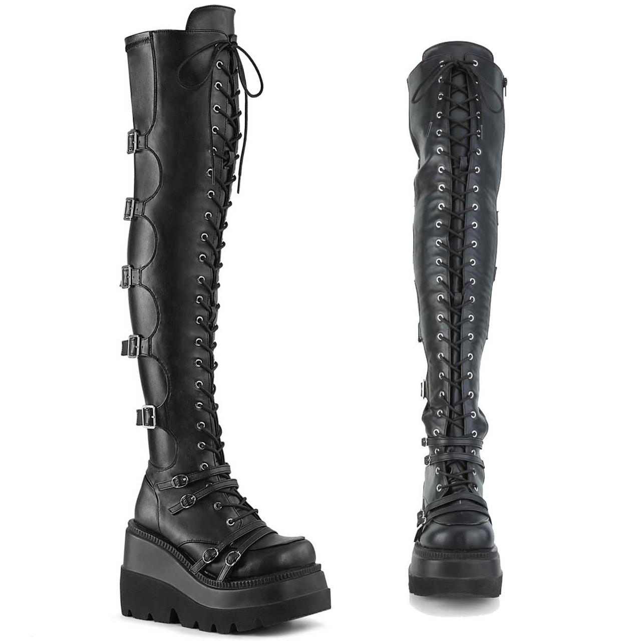 Demonia | SHAKER-350 Wedge Thigh High Lace-up Platform Boots