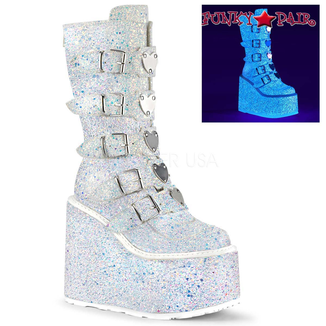 Demonia | SWING-230G UV Glitter GoGo Boot with Heart Buckles Straps