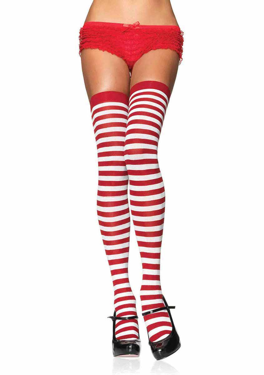 Thigh High Striped Stockings White/Red