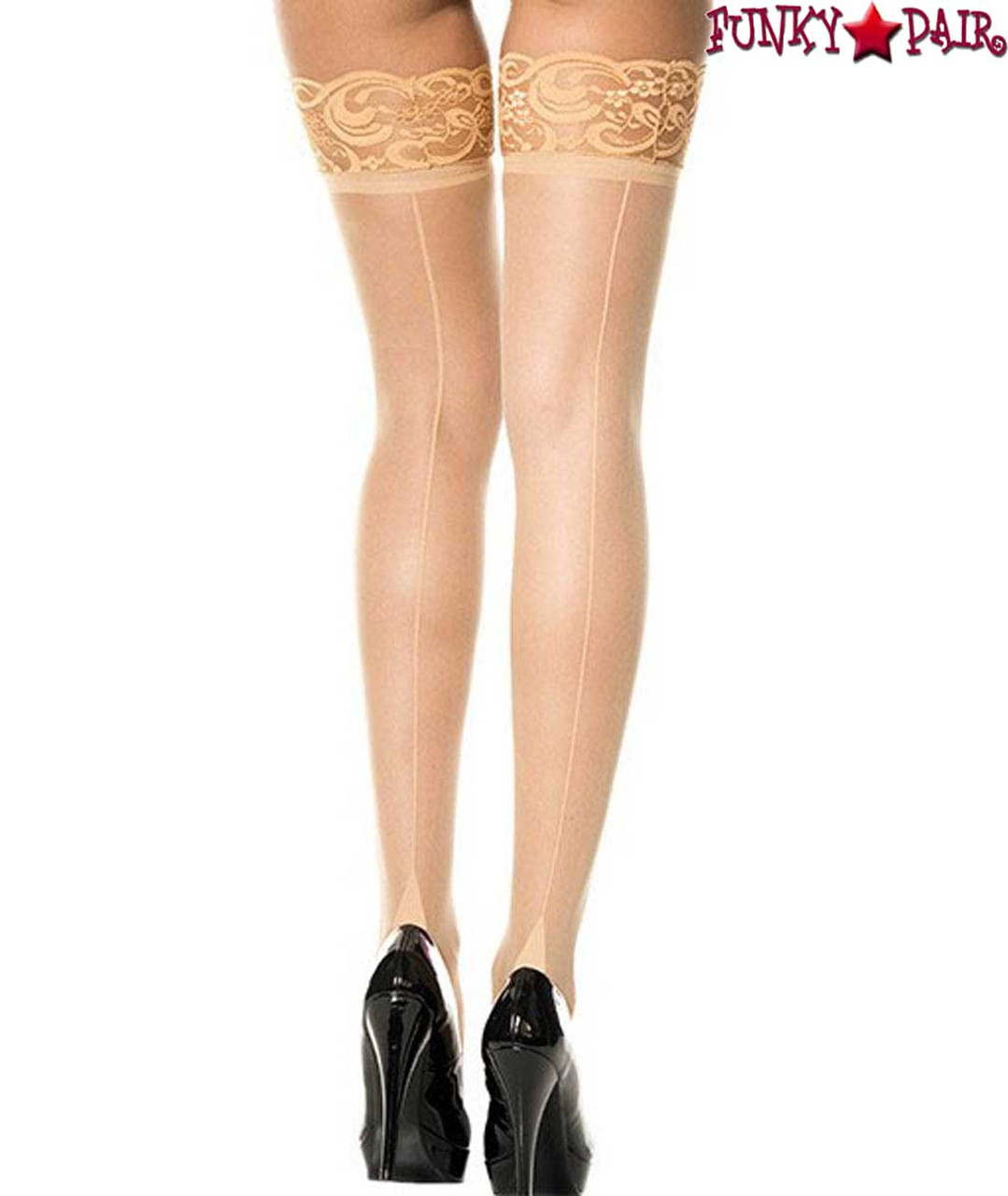 harmtty Women Floral Lace Top Sheer Nightclub Thigh High Over The Knee  Stockings,Beige 