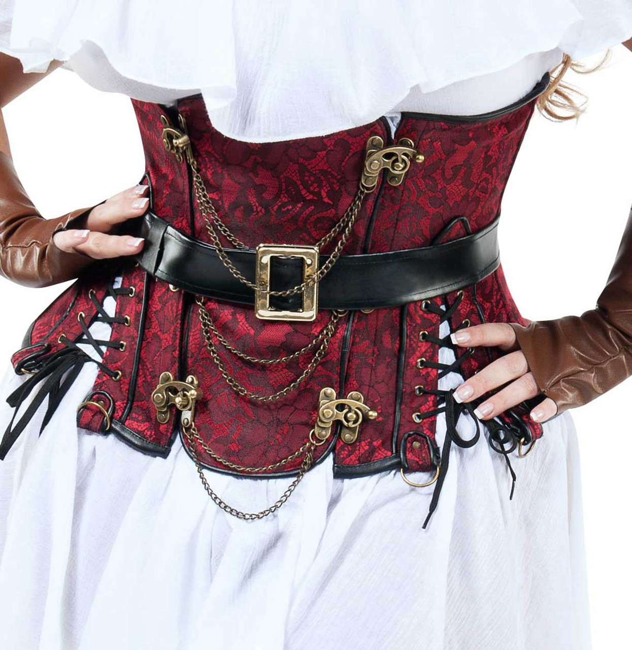 JenPen 5 Pcs Women Pirate Costume Renaissance Tops Corset Belt Pirate Hat Necklace Eye Patch for Medieval Halloween Cosplay