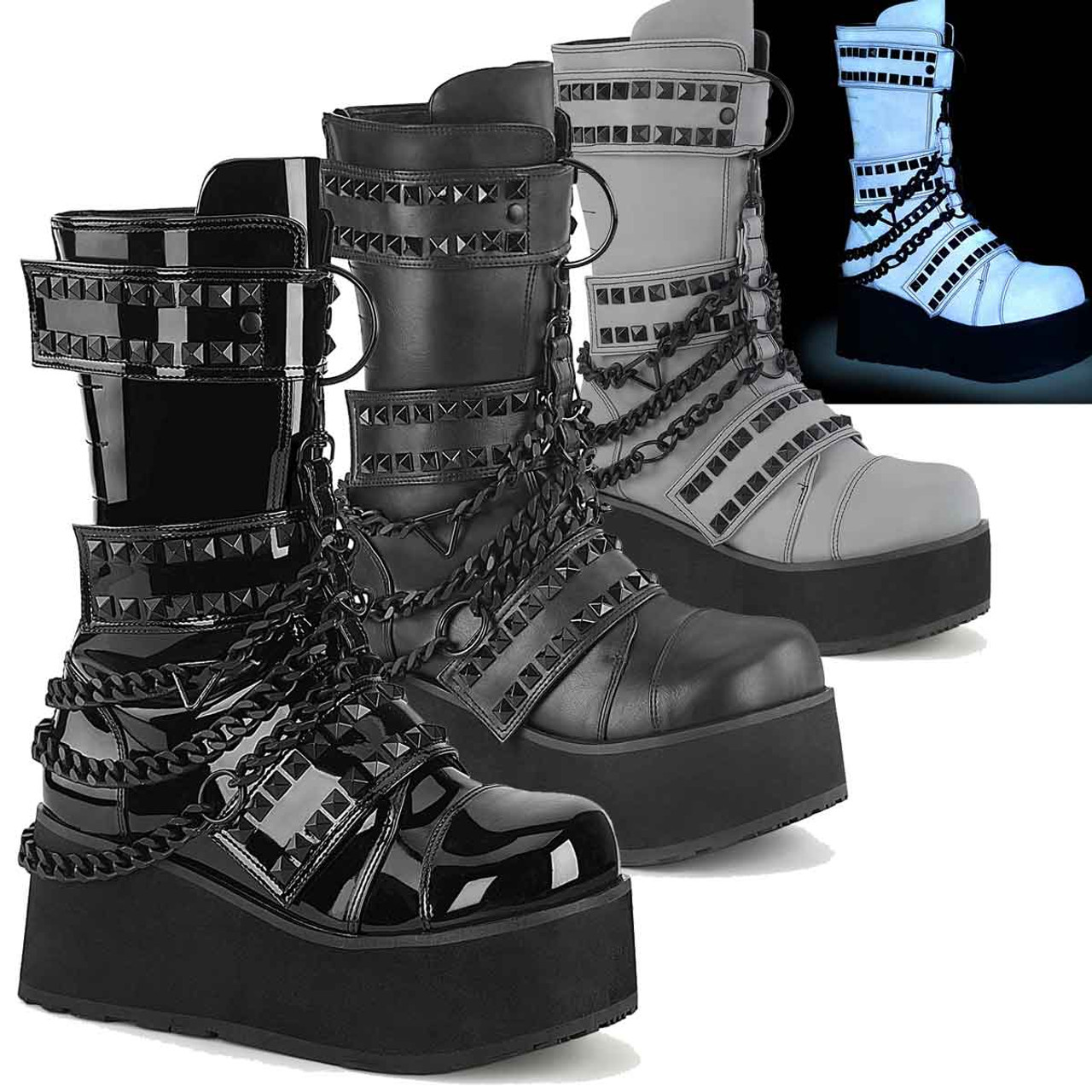 Demonia | TRASHVILLE-138, 3.25 Inch Platform Studs Mid-Calf Boots