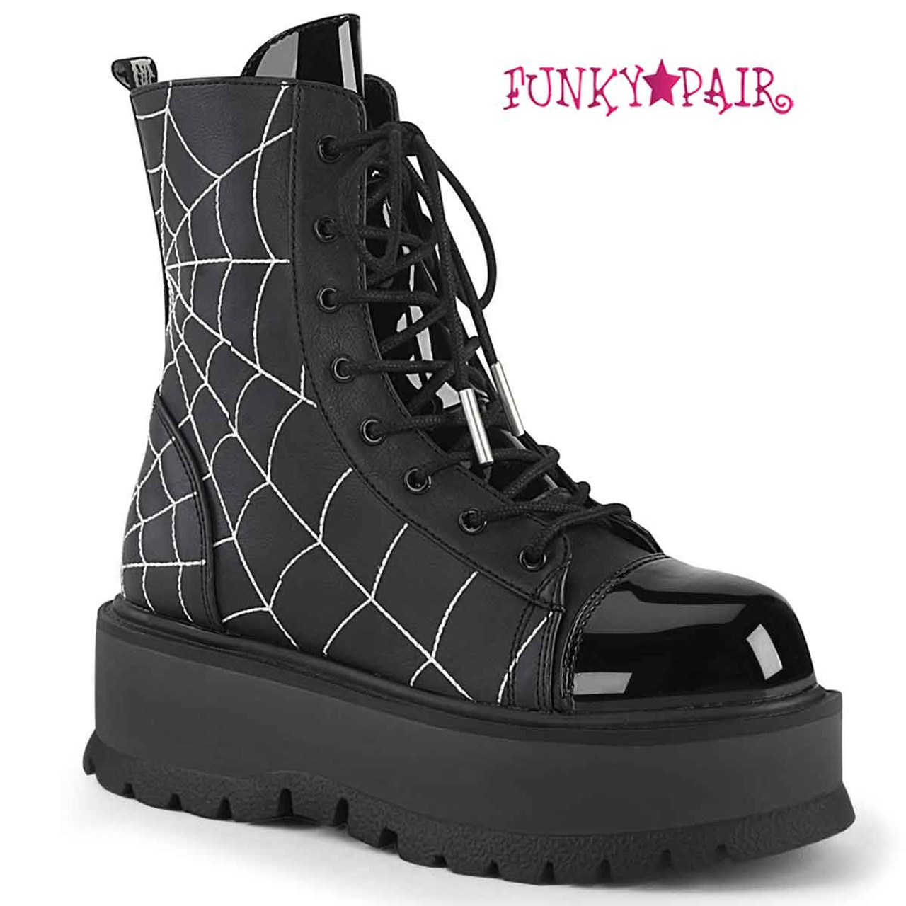 Demonia | SLACKER-88, Mid-Calf Boots with Spider Web Detail