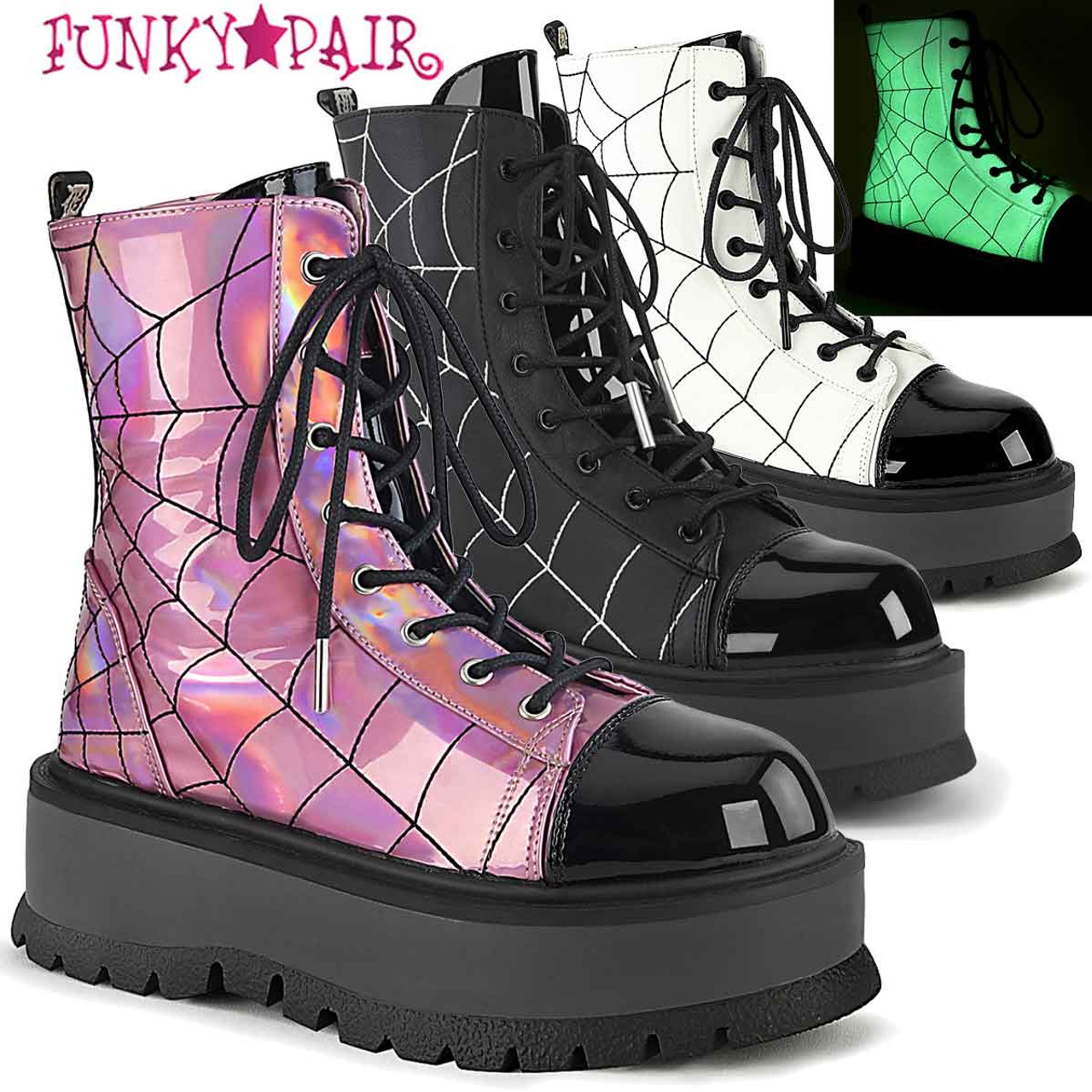 Demonia | SLACKER-88, Mid-Calf Boots with Spider Web Detail