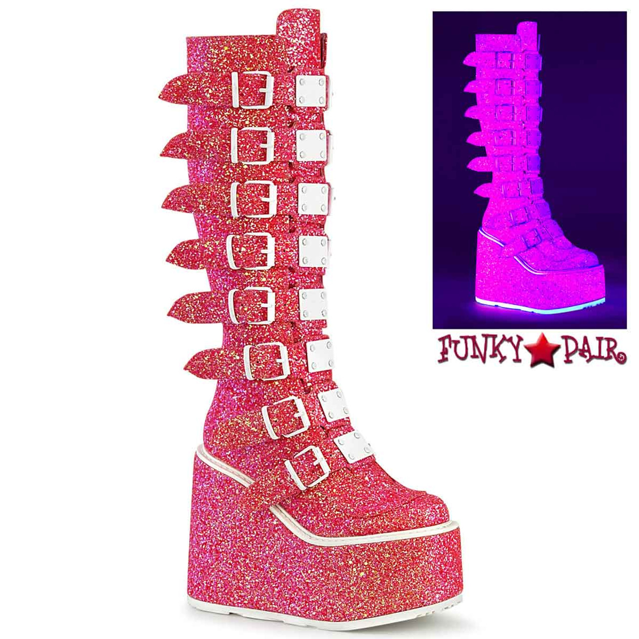 Demonia | Swing-815UV, Pink Glitter Platform Knee High Boot w/Buckle Straps