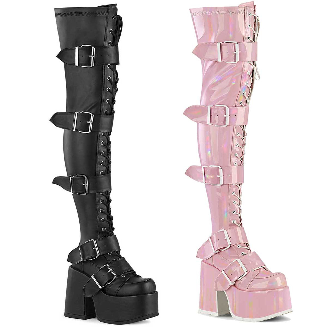 Demonia | CAMEL-305,Women's Platform Buckle Thigh High Boot