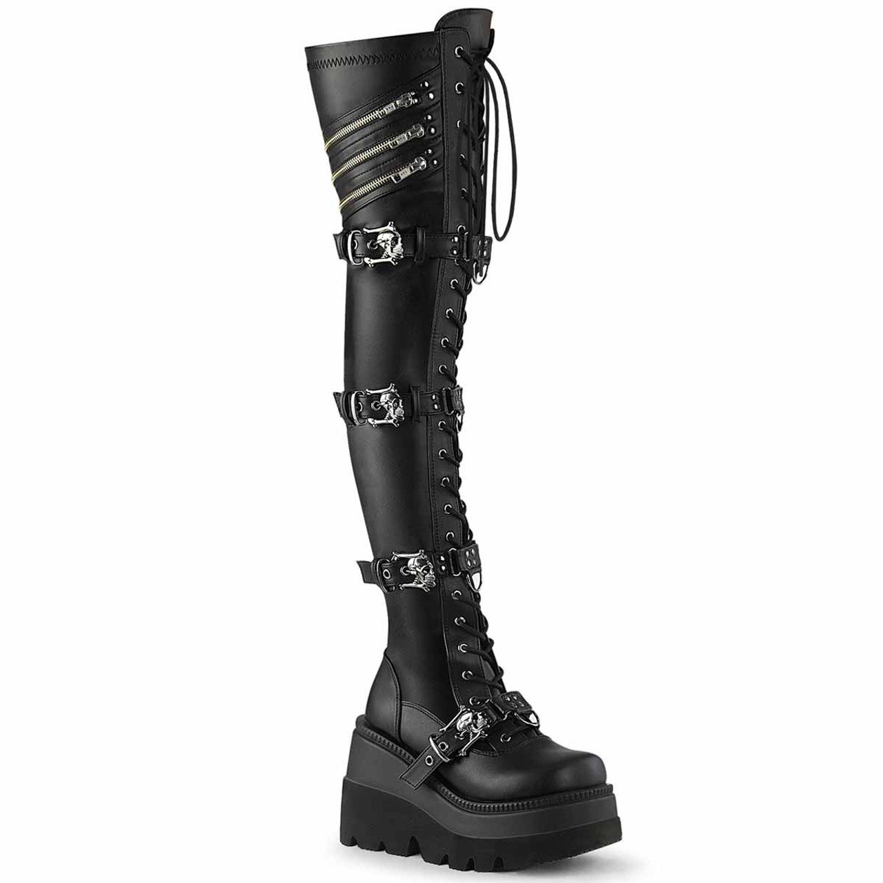 Demonia | SHAKER-420, Wedge Thigh High Boots with Quadruple Skull 