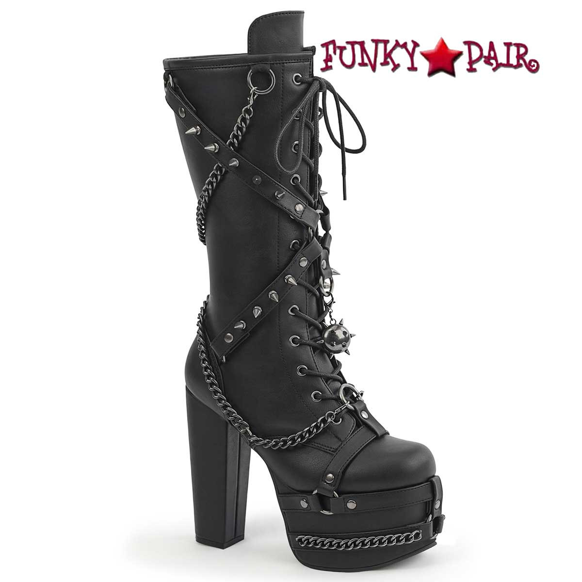 TORMENT-156, 5.5 Inch Heel Knee High Boot With Harness Straps