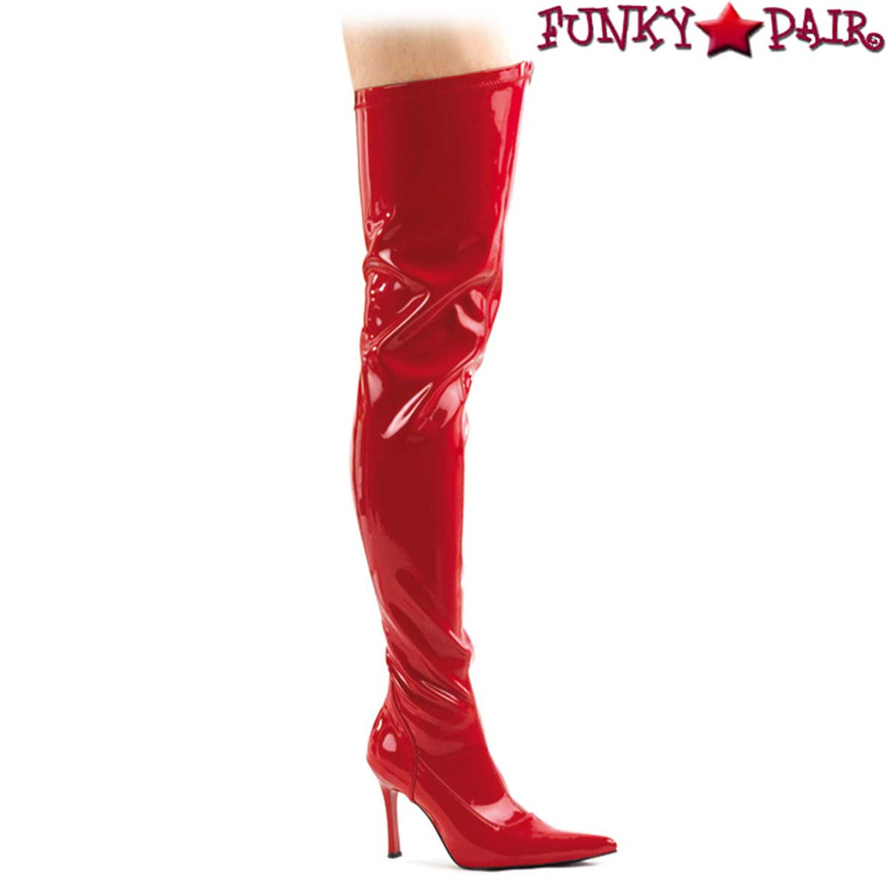 red stretch thigh high boots