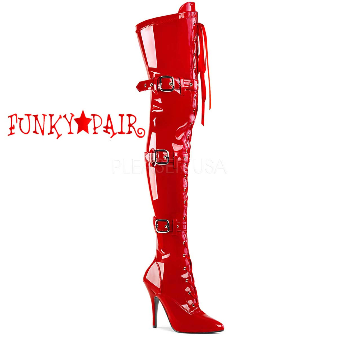 red thigh high boots with belt