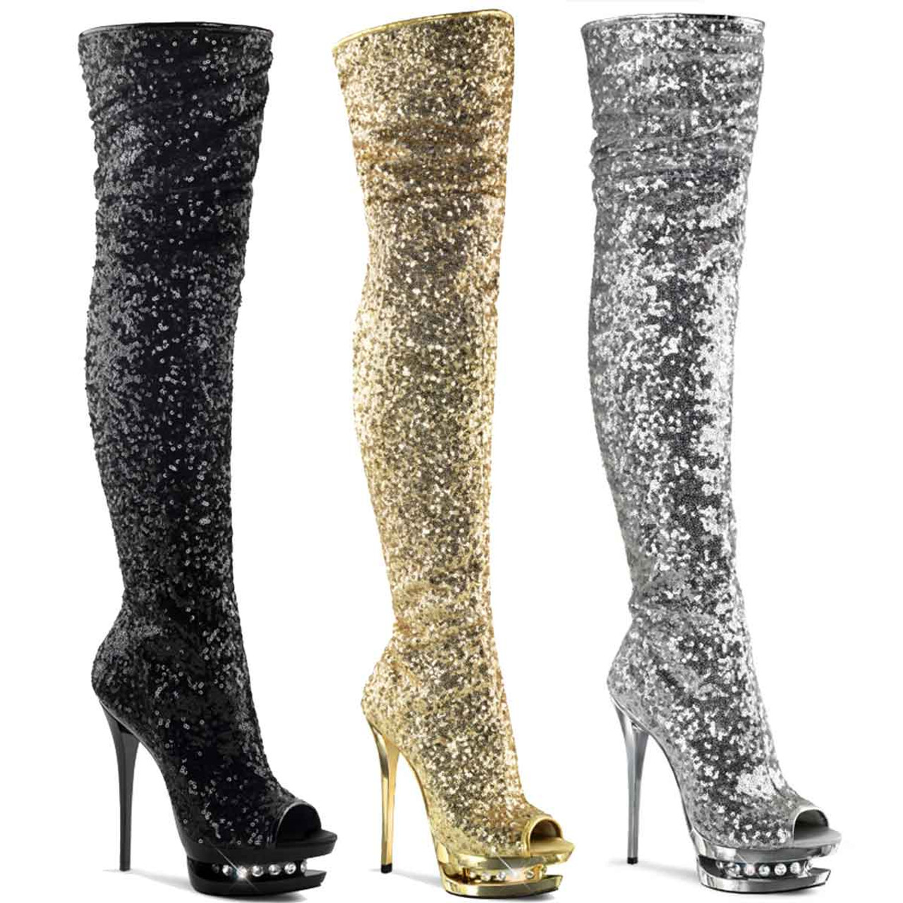 6 Inch Thigh High Sequin Boots by Pleaser