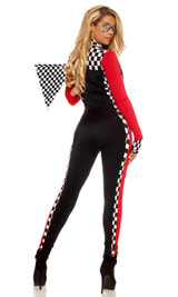 Top Speed Racer costume includes zipped front catsuit with checker print contrast, glasses and gloves.(Flag not included)