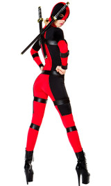 Sexy Movie Character costume includes: Two-tone jumpsuit, mask headpiece, waist and thigh harness. (TOY SWORDS NOT INCLUDED)