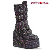 Glitter Boots | SWING-230G, Mid-Calf Glitters Boots with Heart Buckles Straps color black