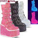 Demonia Boots SWING-230G, Mid-Calf Glitters Boots with Heart Buckles Straps
