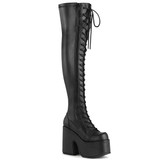 Camel-300, Black Vegan Leather Chunky Heel Thigh High Boots | Demonia