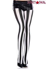 ML-7219, Contrast Black/White Vertical Striped Pantyhose by Music Legs