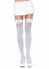 6255Q, Plus size White Opaque Thigh Highs with Satin Bow