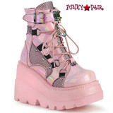Shaker-60 Pink Gothic Wedge Dual Buckle Ankle Boots by Demonia