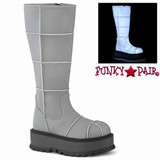 Slacker-230, Grey Reflector Knee High Patch Boots by  Demonia