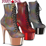 Pleaser | Adore-1020HFN, Rose Gold Holographic Fishnet Overlay Ankle Boots