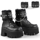 Ashes-57, Demonia Chunky Heel Black Vegan Leather Ankle Boots with Removable Ankle Cuffs