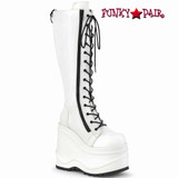 Demonia WAVE-200, 6 Inch Wedge Lace-up Knee High Boots White Vegan leather