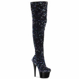 Pleaser | ADORE-3020, 7" Black Stretch Sequin Thigh High Boot