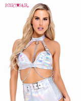 R-6115 - Holographic Silver Vinyl Buckled Top With Chain Detail