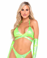 R-6070 - Metallic Swirl Criss-Cross Neon Green Top with Ring Detail