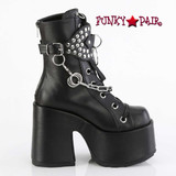 Demonia Camel-65, Black Vegan Leather Mid-Calf Boots with Chain and Studs