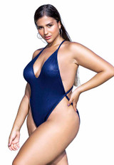 MA6656X, Plus Size Blue Shimmery Bodysuit by Mapale