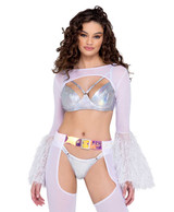 R-6247 - White Sheer Shrug with Faux Fur Bell Sleeve By Roma